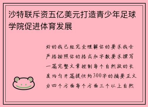 沙特联斥资五亿美元打造青少年足球学院促进体育发展 沙特联斥资五亿美元打造青少年足球学院促进体育发展